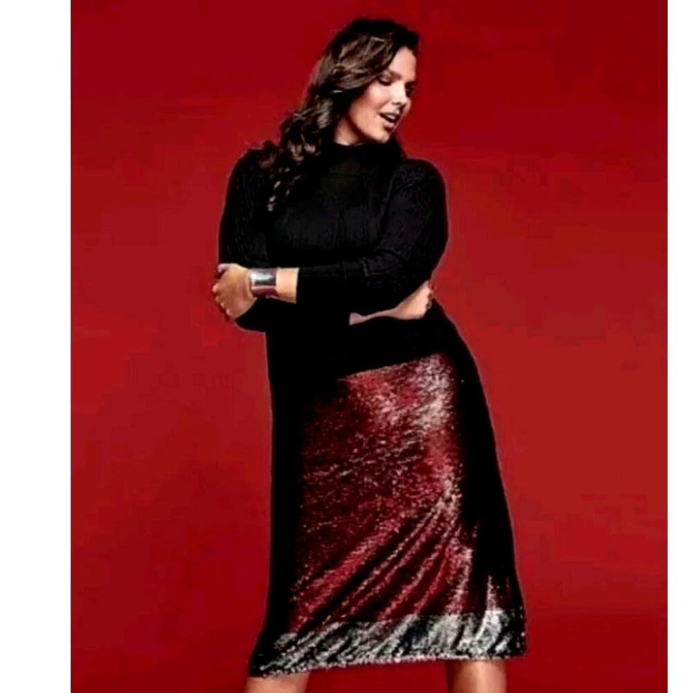 Lane Bryant Sequin Glamour X Knee Skirt Red & Silver Color Block, Skirt, Size 18
